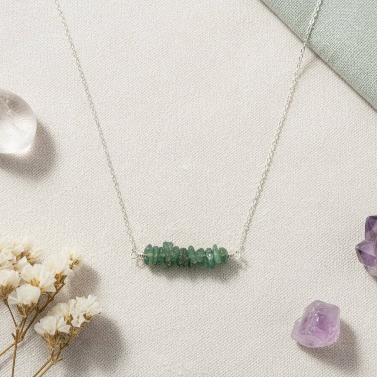 Green aventurine crystal bar necklace May birthstone gift for luck love and heart healing