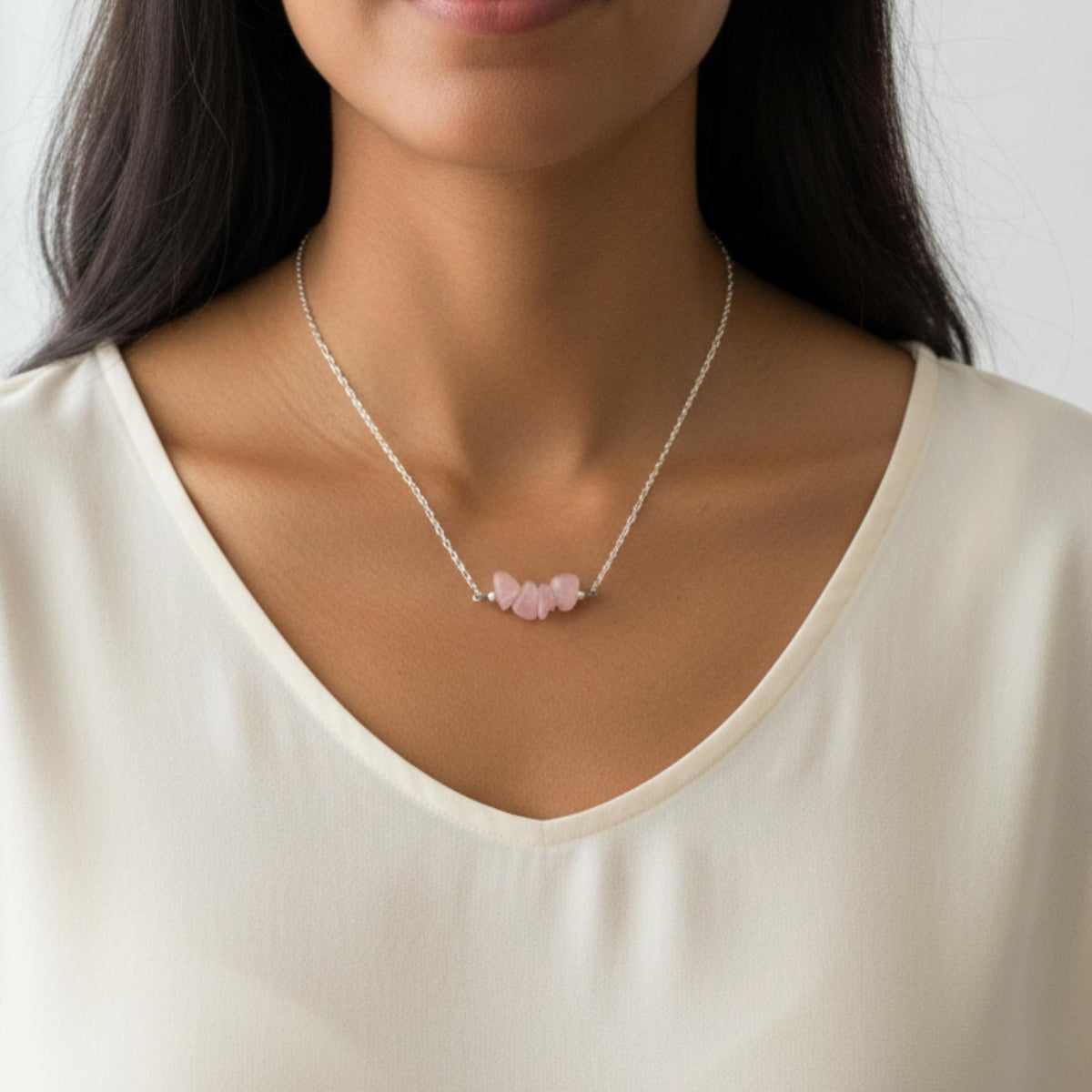 Raw rose quartz healing crystal necklace for self love heart chakra bar pendant