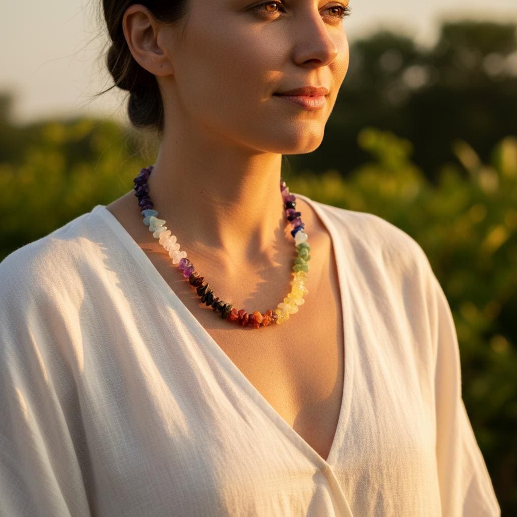 Rainbow chakra crystal chip necklace 12 gemstones all the way around choker healing jewelry