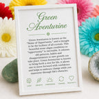 properties card for healing crystal bracelet for luck and abundance green aventurine gemstone