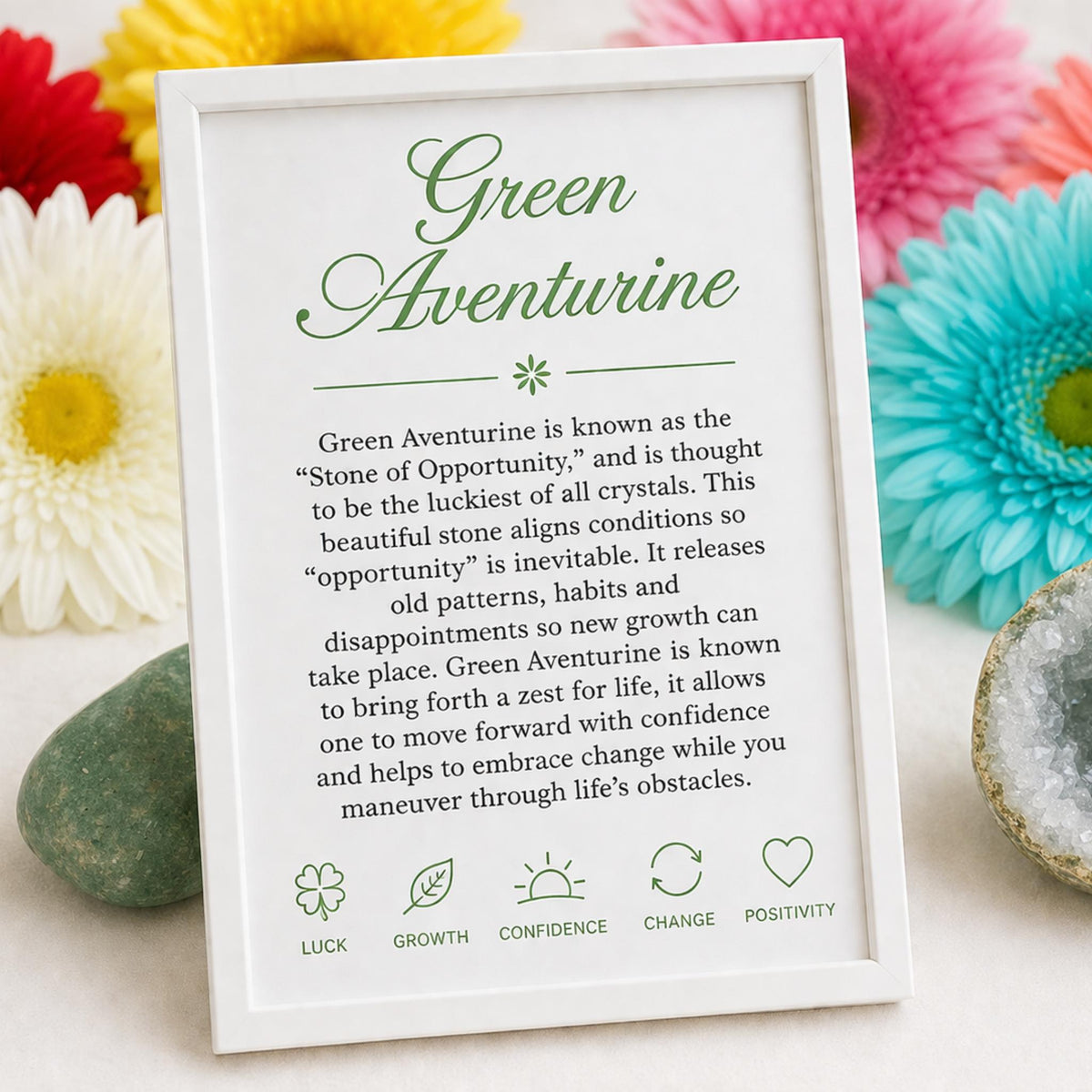 properties card for healing crystal bracelet for luck and abundance green aventurine gemstone