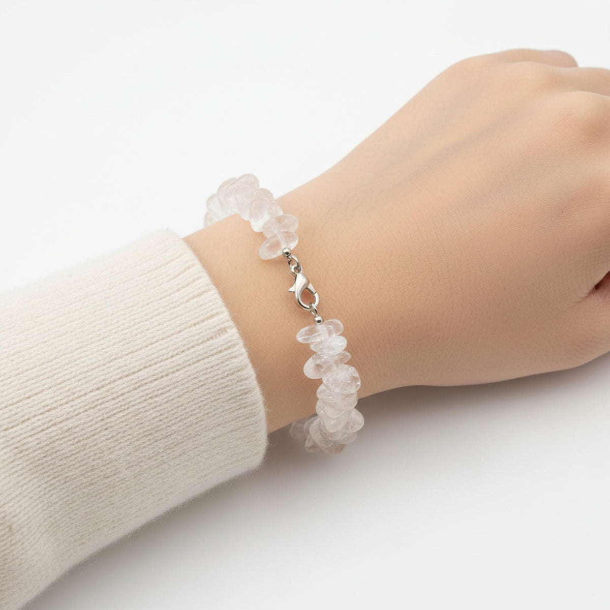 Clear Quartz crystal bracelet on wrist – crown chakra master healer bracelet for focus and fresh starts