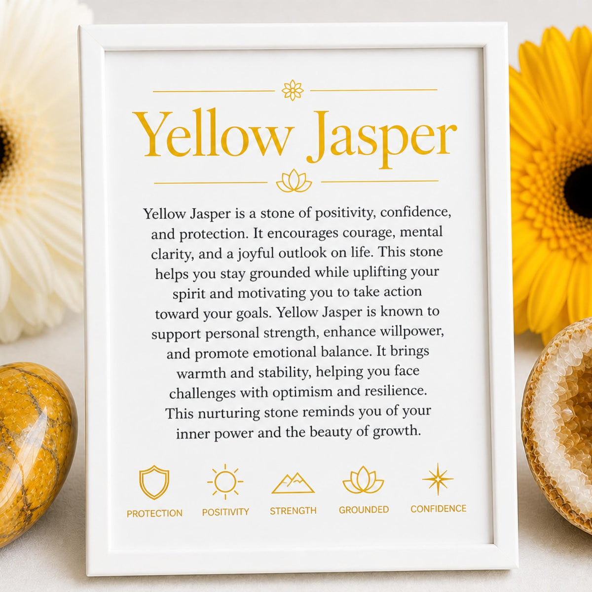 Crystal meaning card with sunflowers and raw stones Yellow Jasper crystal meaning – stone of confidence, protection, strength and positivity