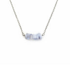 Blue lace agate chip bar necklace for calm clear communication and throat chakra anxiety relief