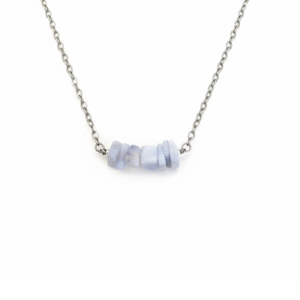 Blue lace agate chip bar necklace for calm clear communication and throat chakra anxiety relief