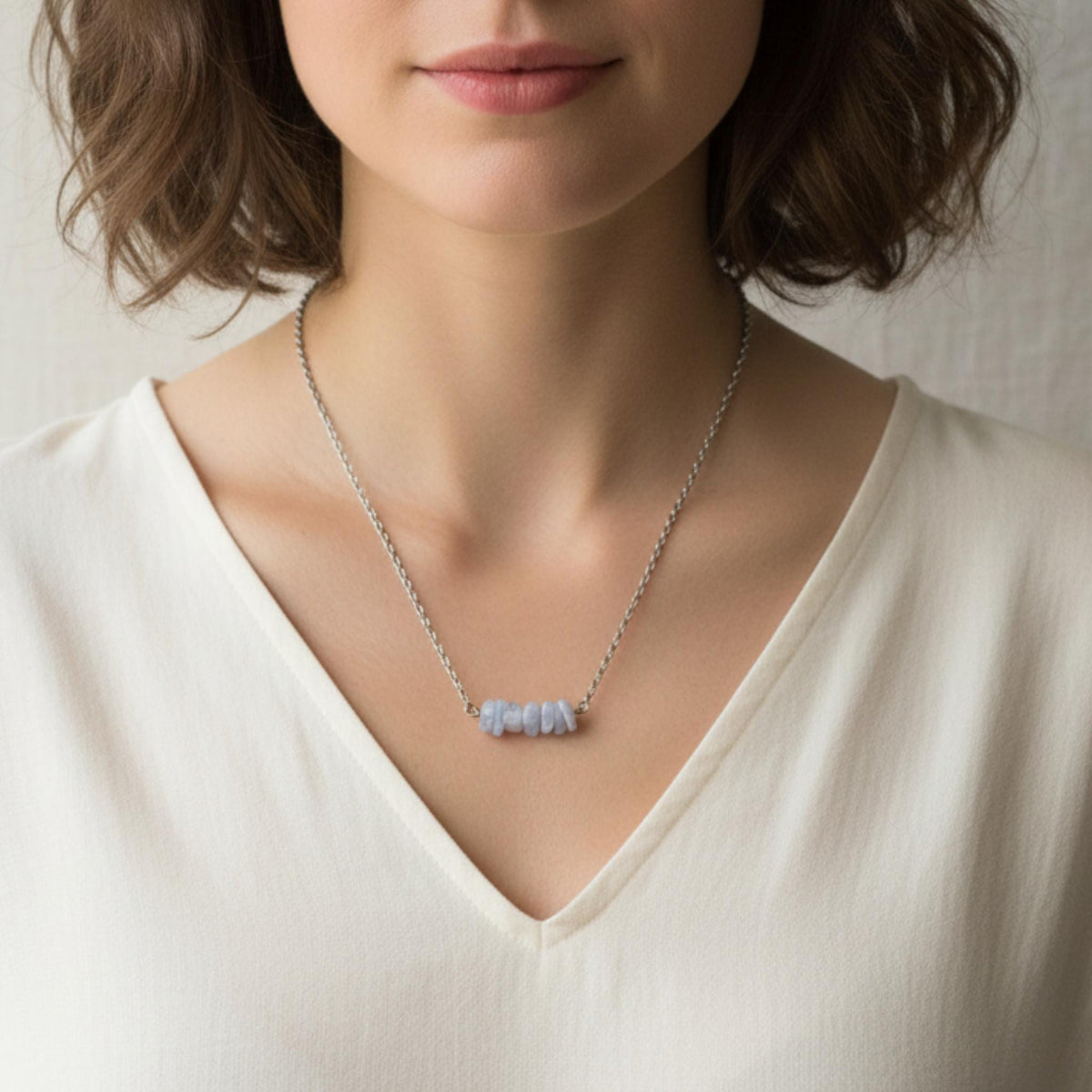 Healing crystal necklace for communication raw pale blue lace agate gemstone rose gold silver