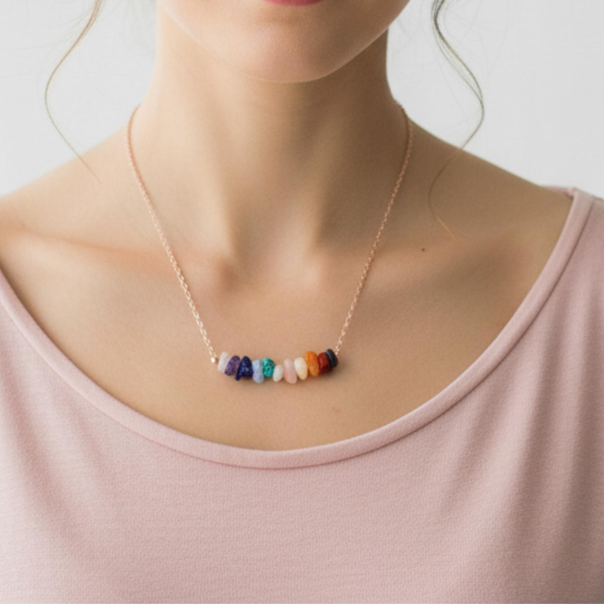 Handmade chakra necklace full spectrum root to crown gemstone bar sterling silver Canada