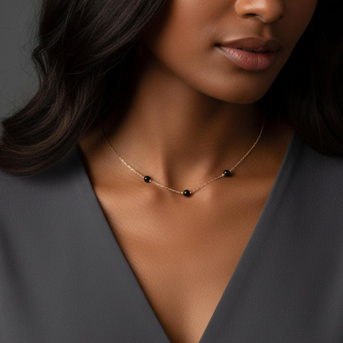 Three stone black onyx crystal necklace handmade Canada 