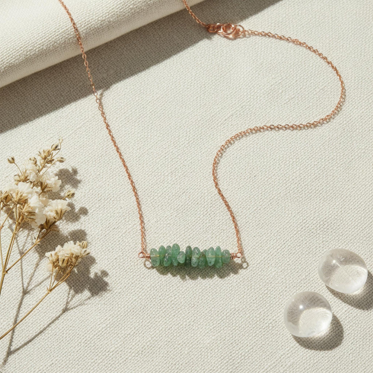Healing crystal necklace for abundance and prosperity raw green aventurine rose gold silver 
