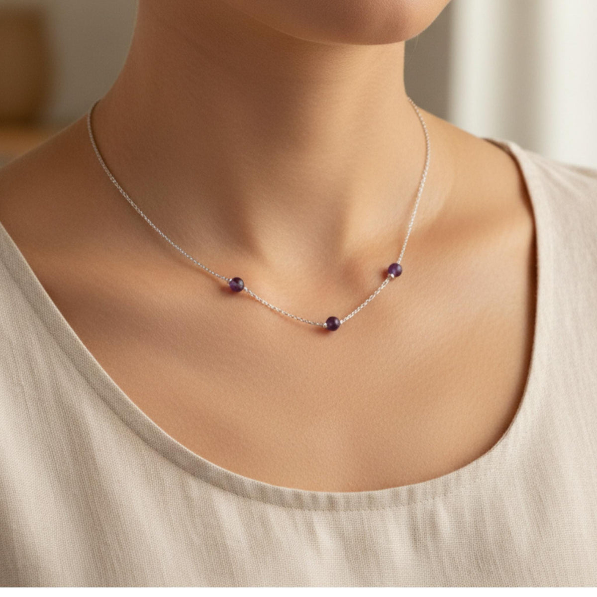 Dainty amethyst necklace for anxiety and calm on delicate chain 