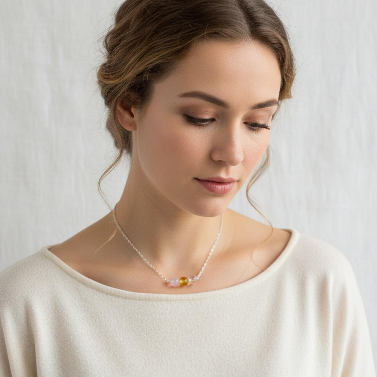 Silver chain healing crystal necklace gift for women rose quartz citrine clear quartz