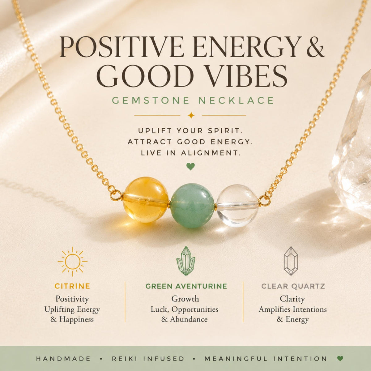 Citrine green aventurine clear quartz crystal bar necklace for positive energy and abundance