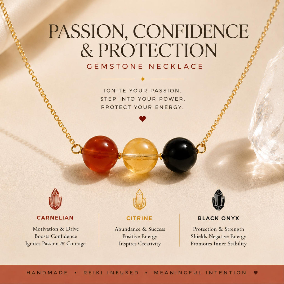 arnelian citrine black onyx bar necklace for confidence and protection