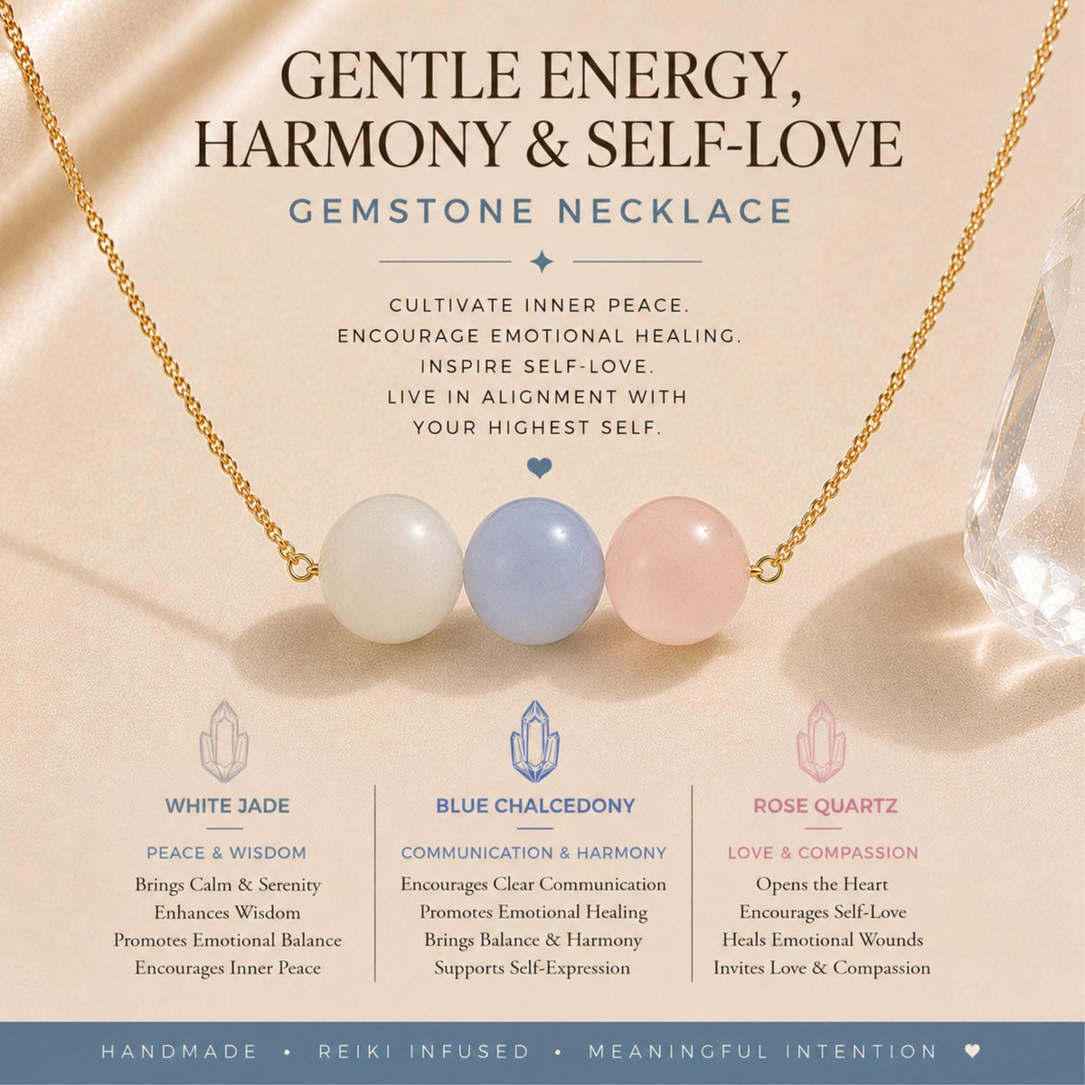 white jade blue chalcedony rose quartz necklace for calm self love and emotional healing