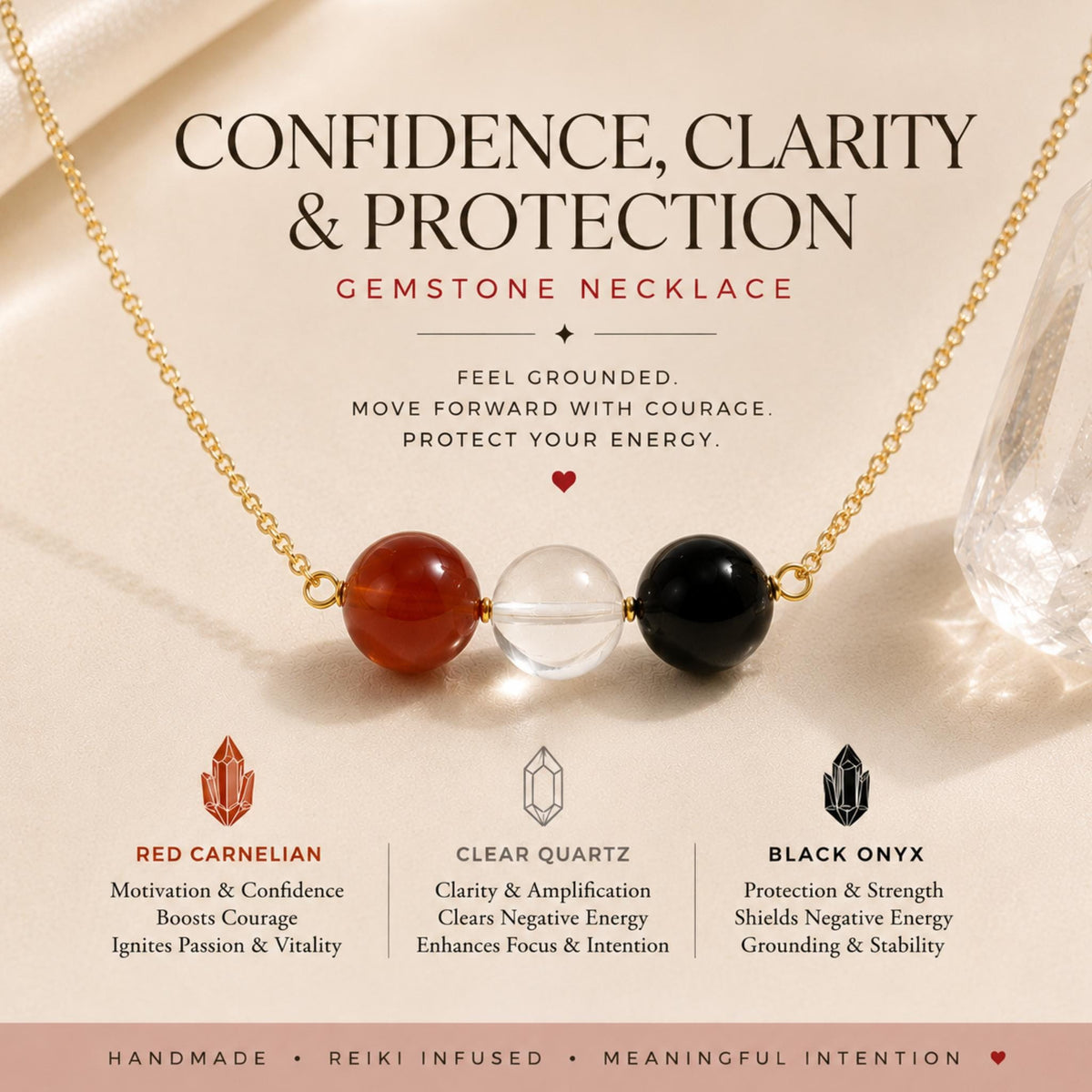 Carnelian clear quartz black onyx three stone bar necklace handmade Canada