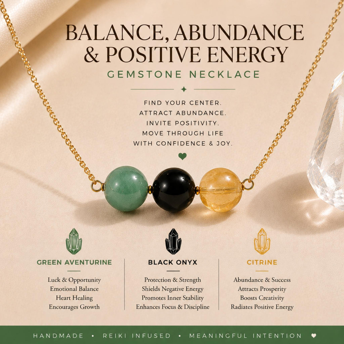 Green aventurine black onyx citrine crystal bar necklace for abundance and protection handmade Canada