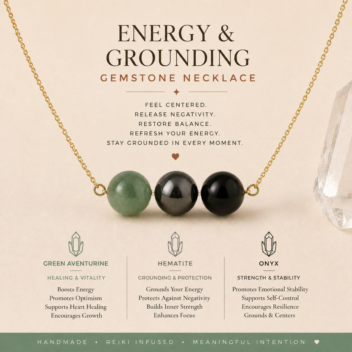 green aventurine hematite black onyx grounding bar necklace sterling silver