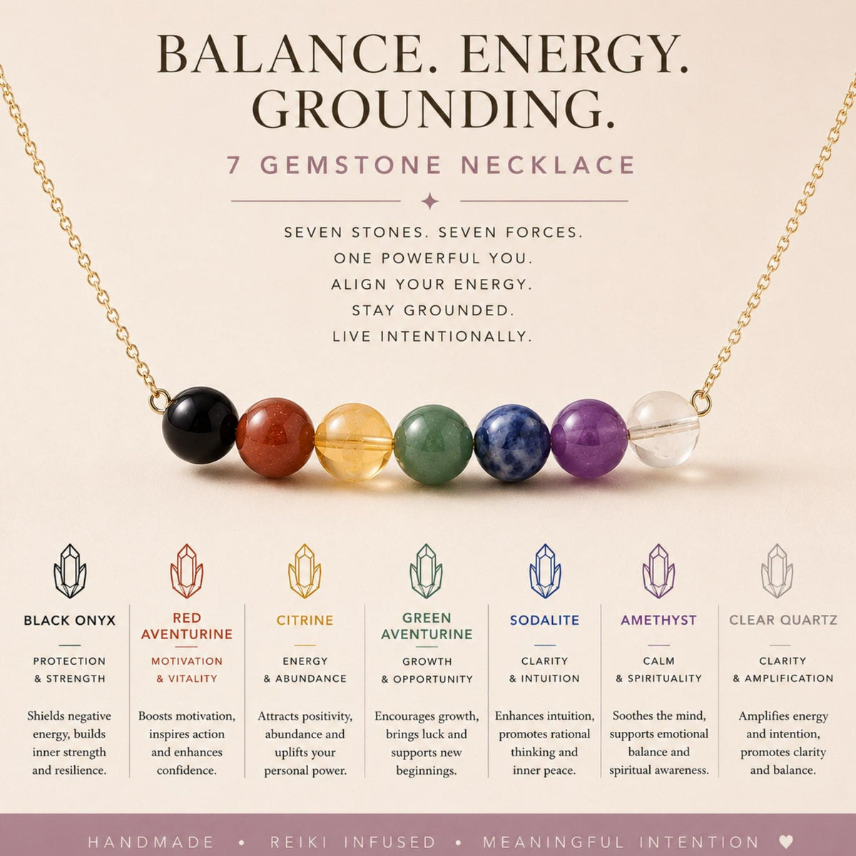 Handmade chakra balance necklace seven genuine round stones sterling silver Canada Reiki infused