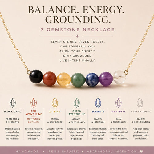 Handmade chakra balance necklace seven genuine round stones sterling silver Canada Reiki infused