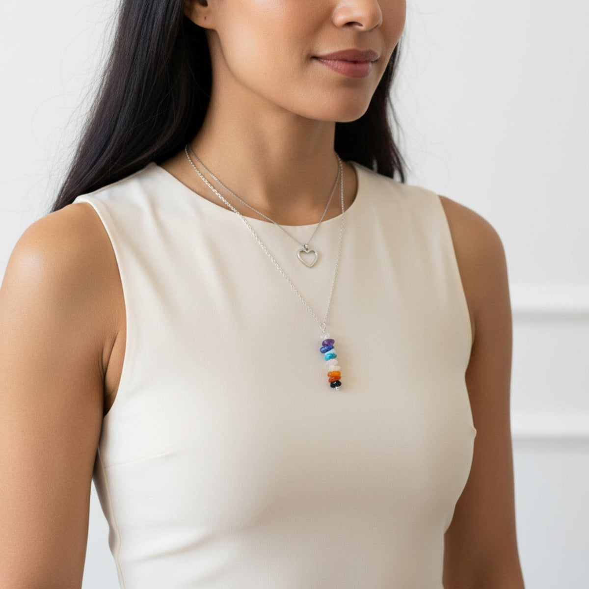 7 chakra vertical drop necklace 10 raw crystal stones root to crown pendant