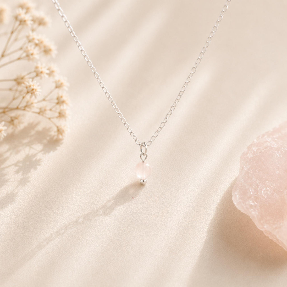 Tiny 4mm rose quartz pendant necklace blush pink stone rose gold fill silver plated