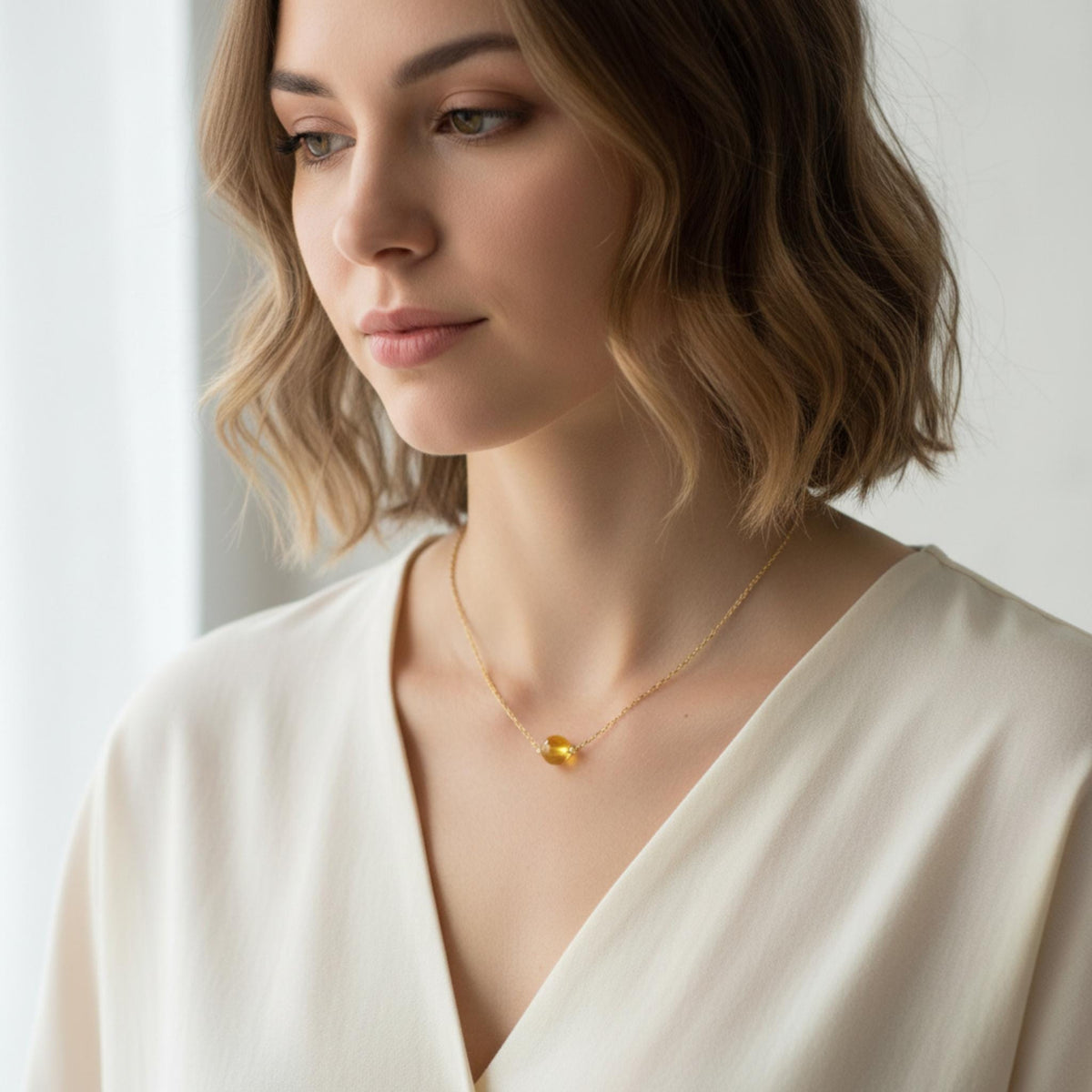 Dainty citrine crystal necklace 8mm gemstone pendant on delicate chain