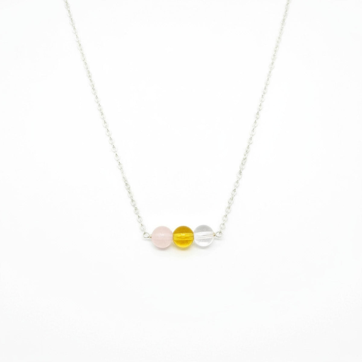 Silver chain three stone healing crystal bar necklace sterling silver rose quartz citrine