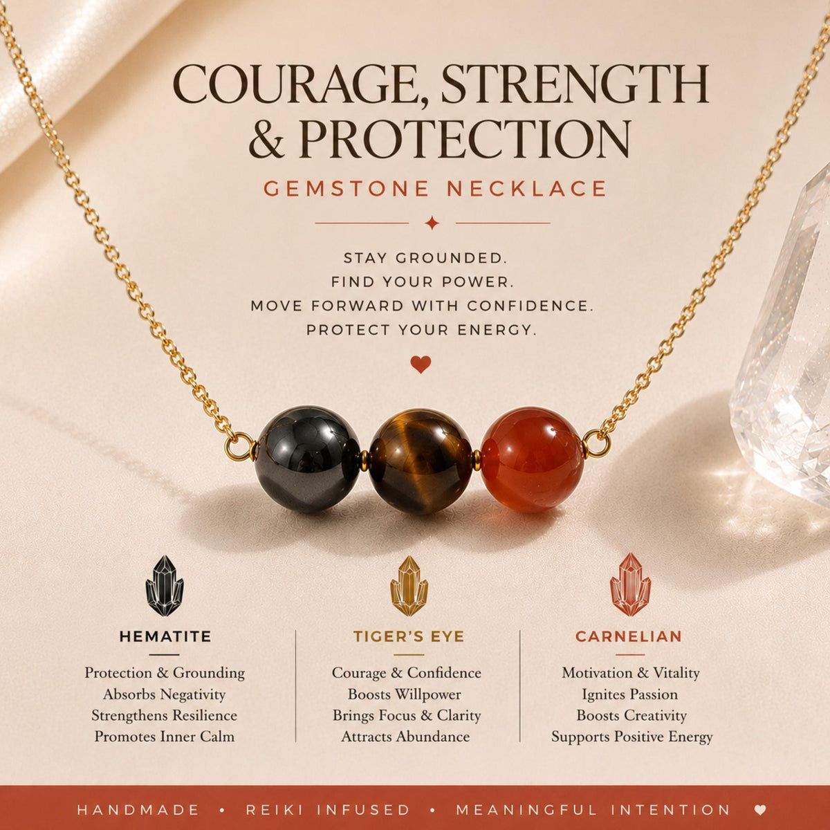 Tiger's Eye hematite carnelian crystal bar necklace for confidence and courage