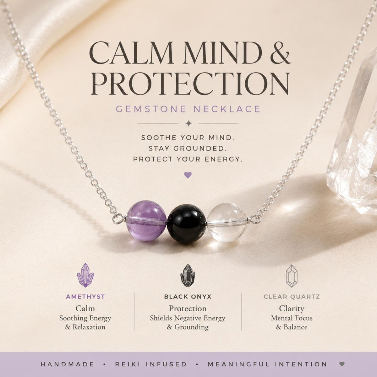 Amethyst black onyx clear quartz crystal bar necklace for anxiety and protection handmade Canada