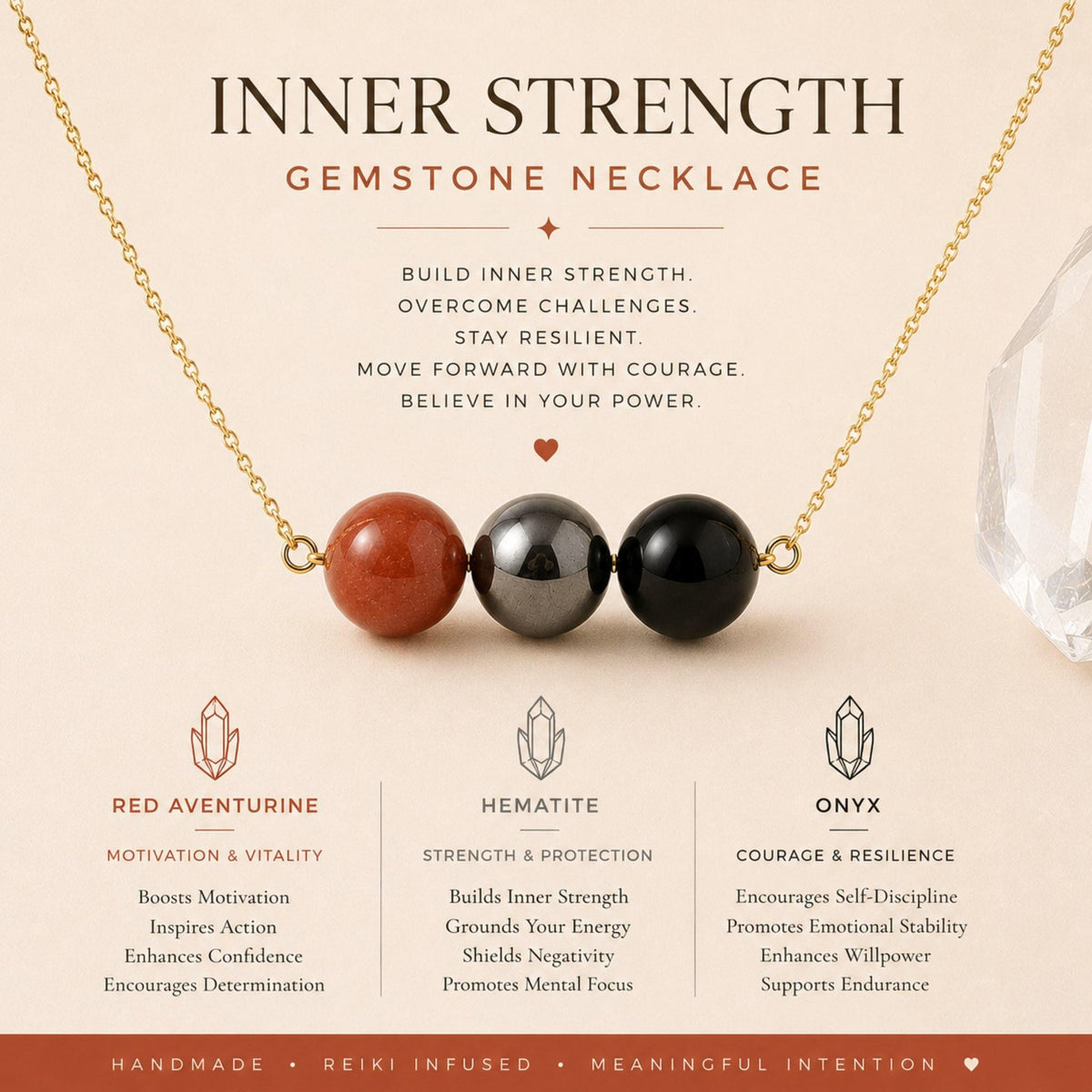 red aventurine hematite black onyx necklace for inner strength grounding and resilience
