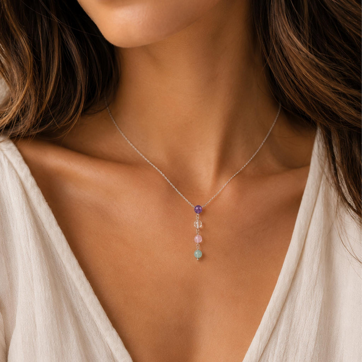 Four stone healing intention necklace rose gold fill silver plated dainty drop pendant