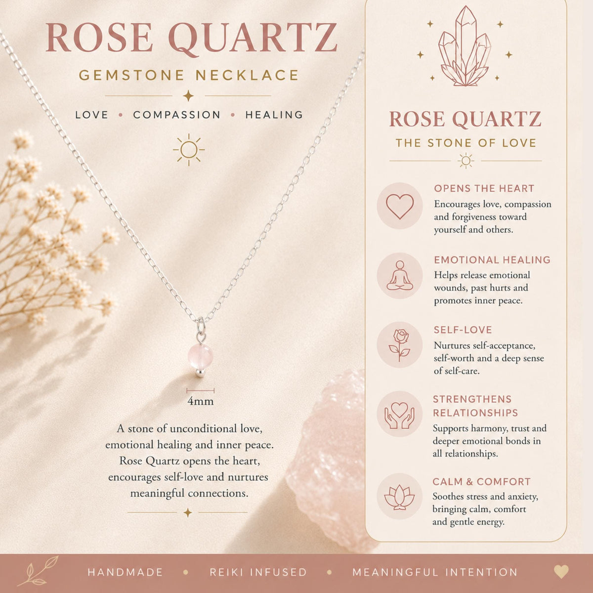 Rose quartz gemstone necklace heart chakra self love emotional healing crystal jewelry 