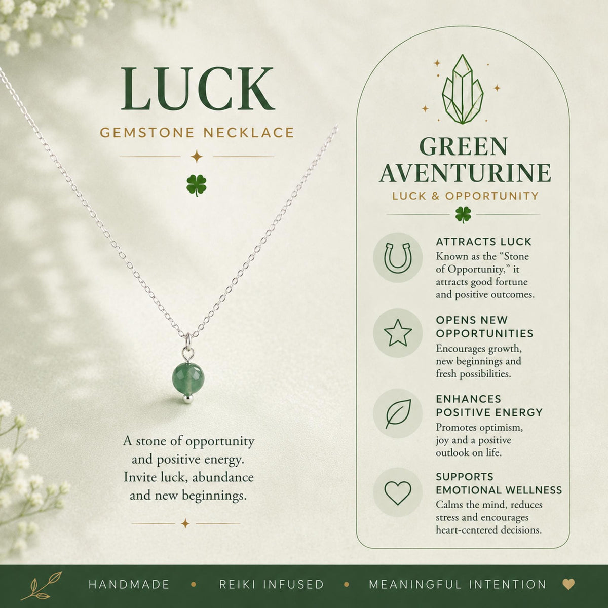 Green aventurine gemstone necklace heart chakra luck opportunity new beginnings crystal jewelry