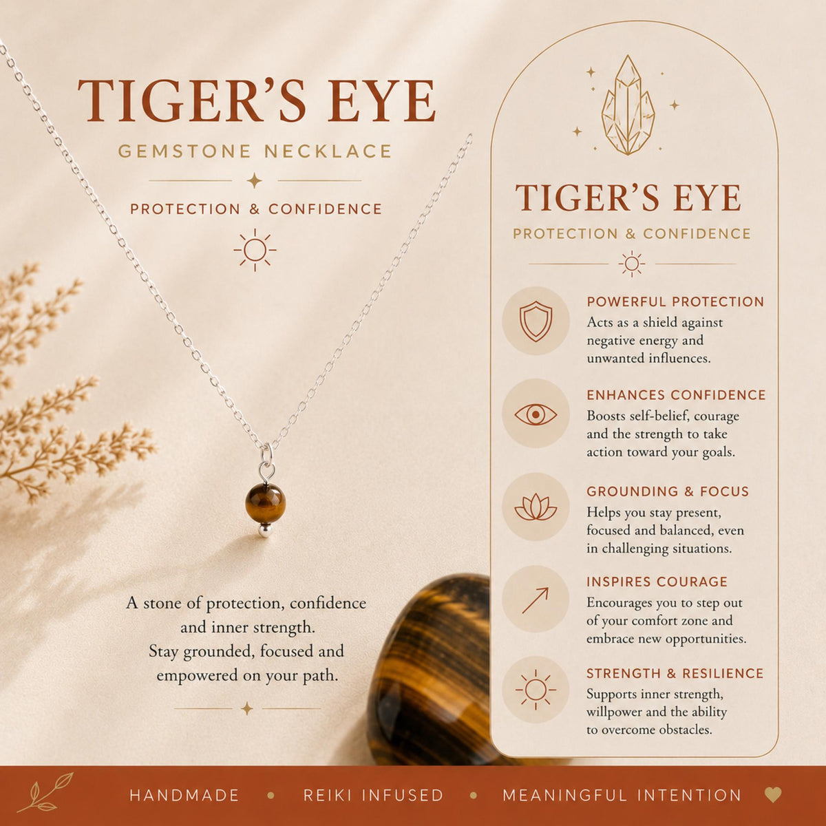 Tiger's eye gemstone necklace solar plexus chakra self belief willpower empowerment crystal jewelry 