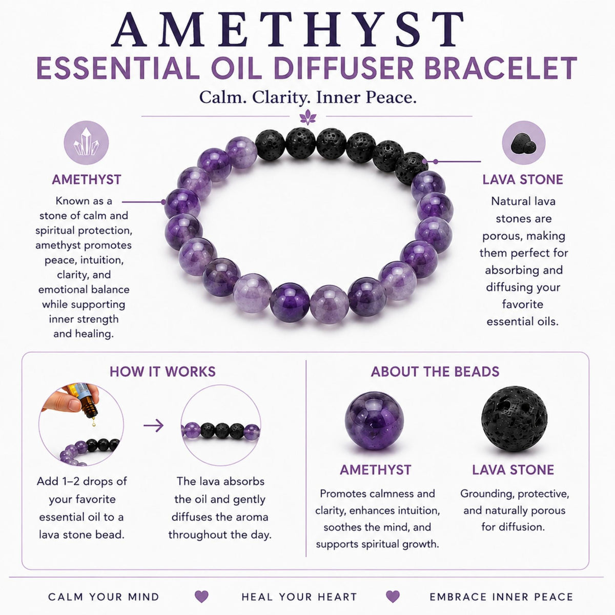 amethyst essential oil bracelet for women stress relief crystal healing jewelry