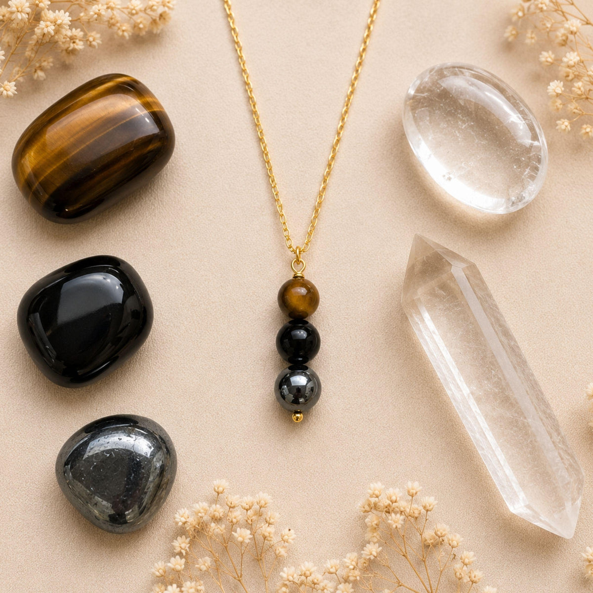 Tiger's Eye Black Onyx Hematite drop pendant necklace for focus and protection
