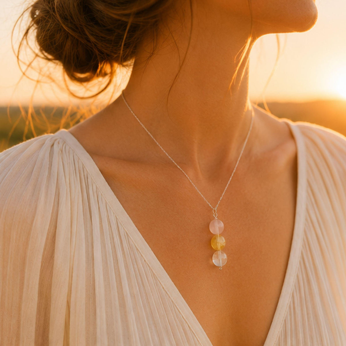 Three stone rose quartz citrine pendant necklace Reiki practitioner