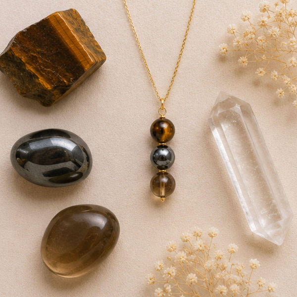 Tiger's eye hematite smoky quartz crystal pendant necklace