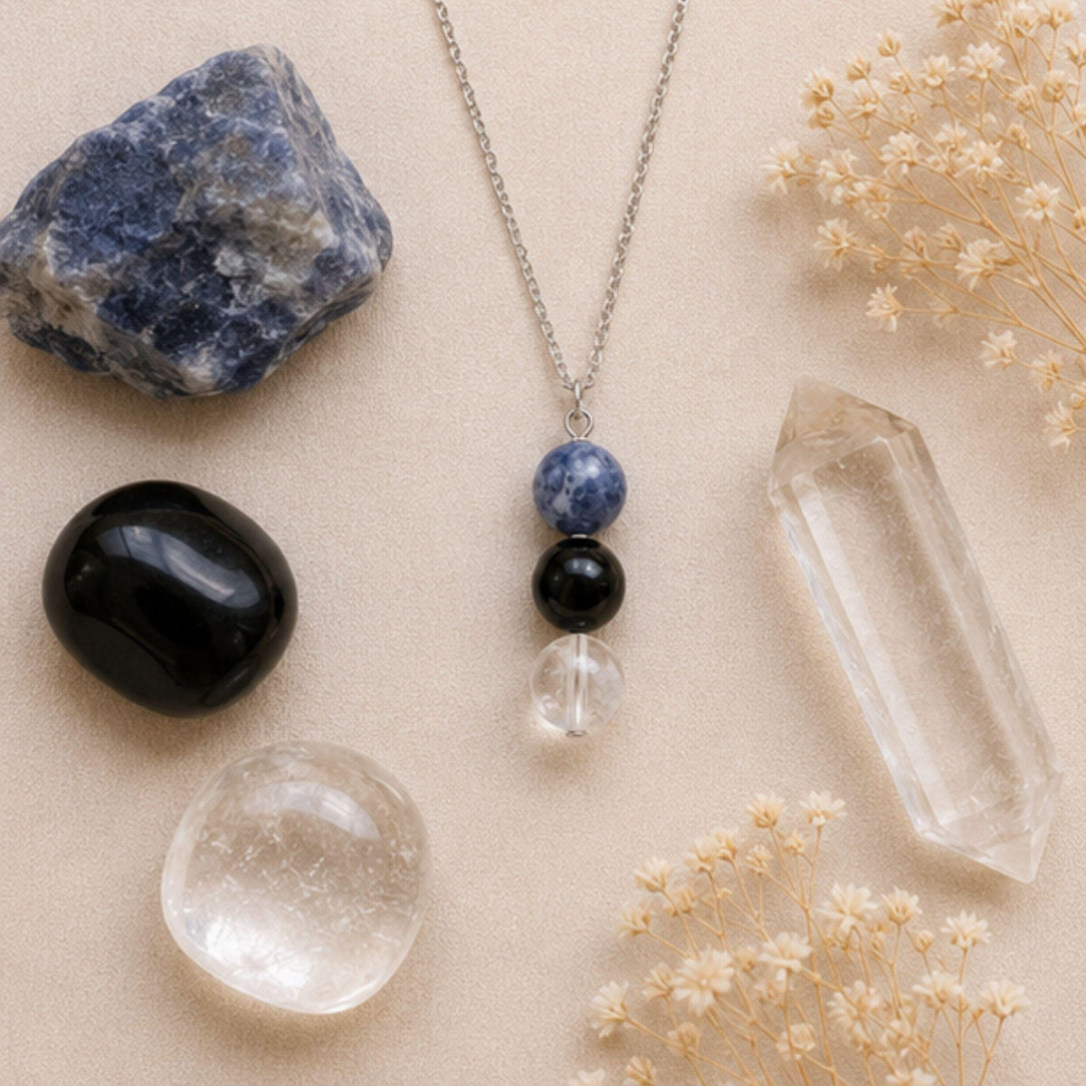Three stone sodalite black onyx pendant for overthinking and stress relief