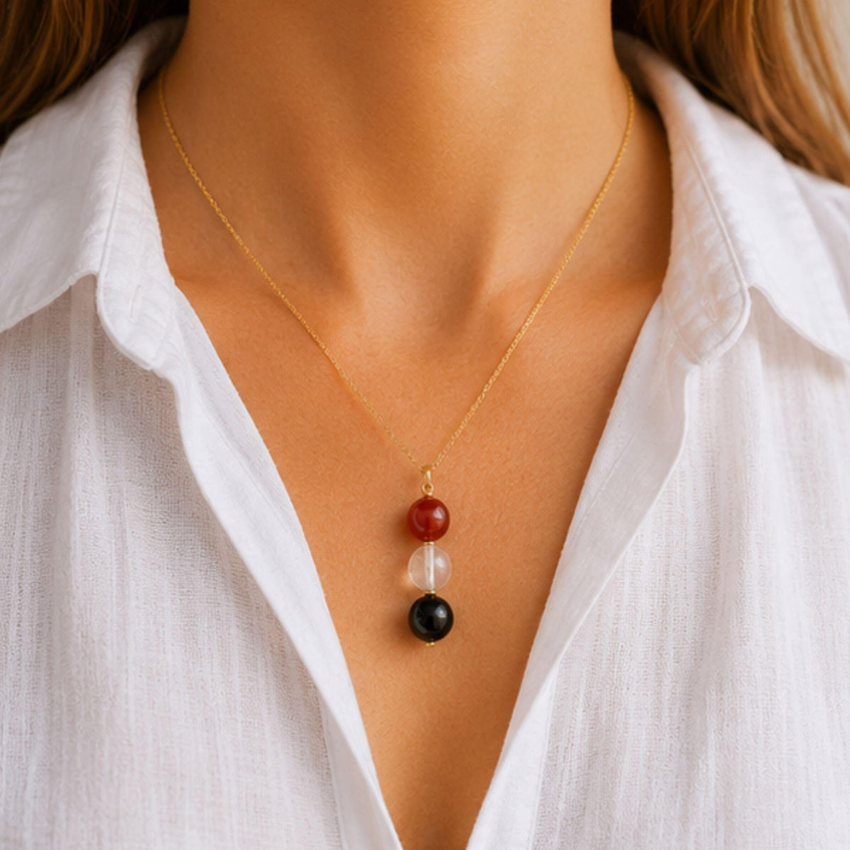 Three stone carnelian black onyx pendant necklace handmade Canada