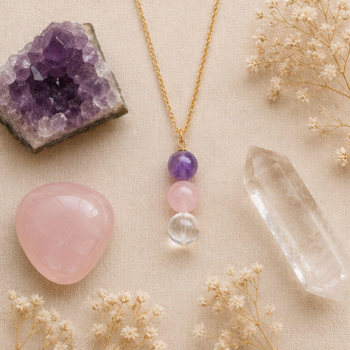 Amethyst rose quartz clear quartz crystal pendant necklace for calm and anxiety relief