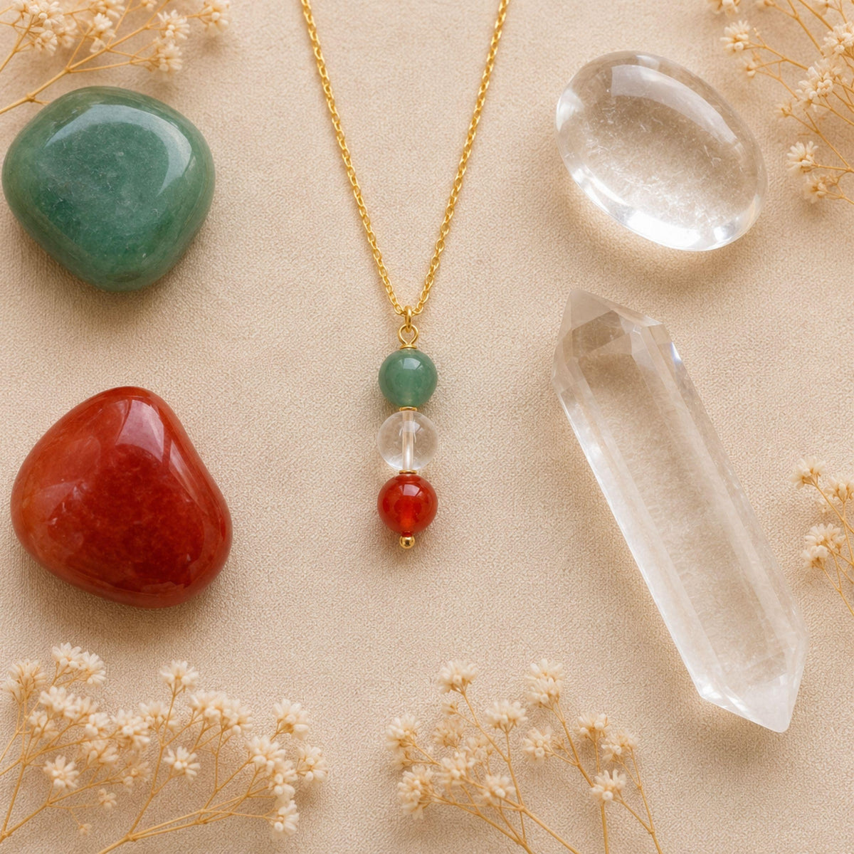 Green aventurine clear quartz red aventurine crystal pendant necklace