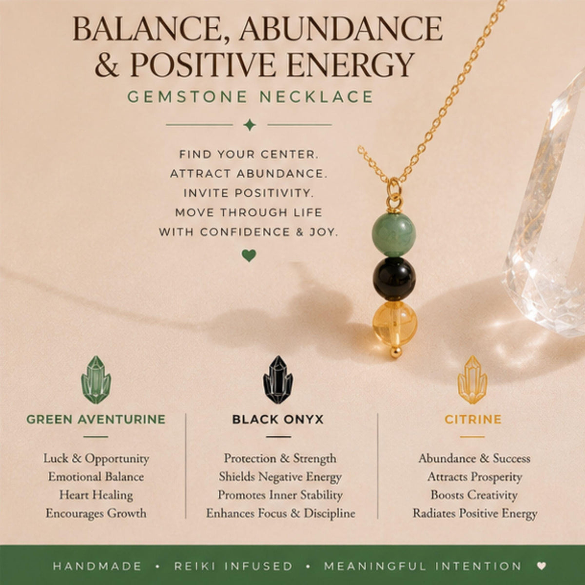 Green aventurine black onyx citrine crystal pendant necklace