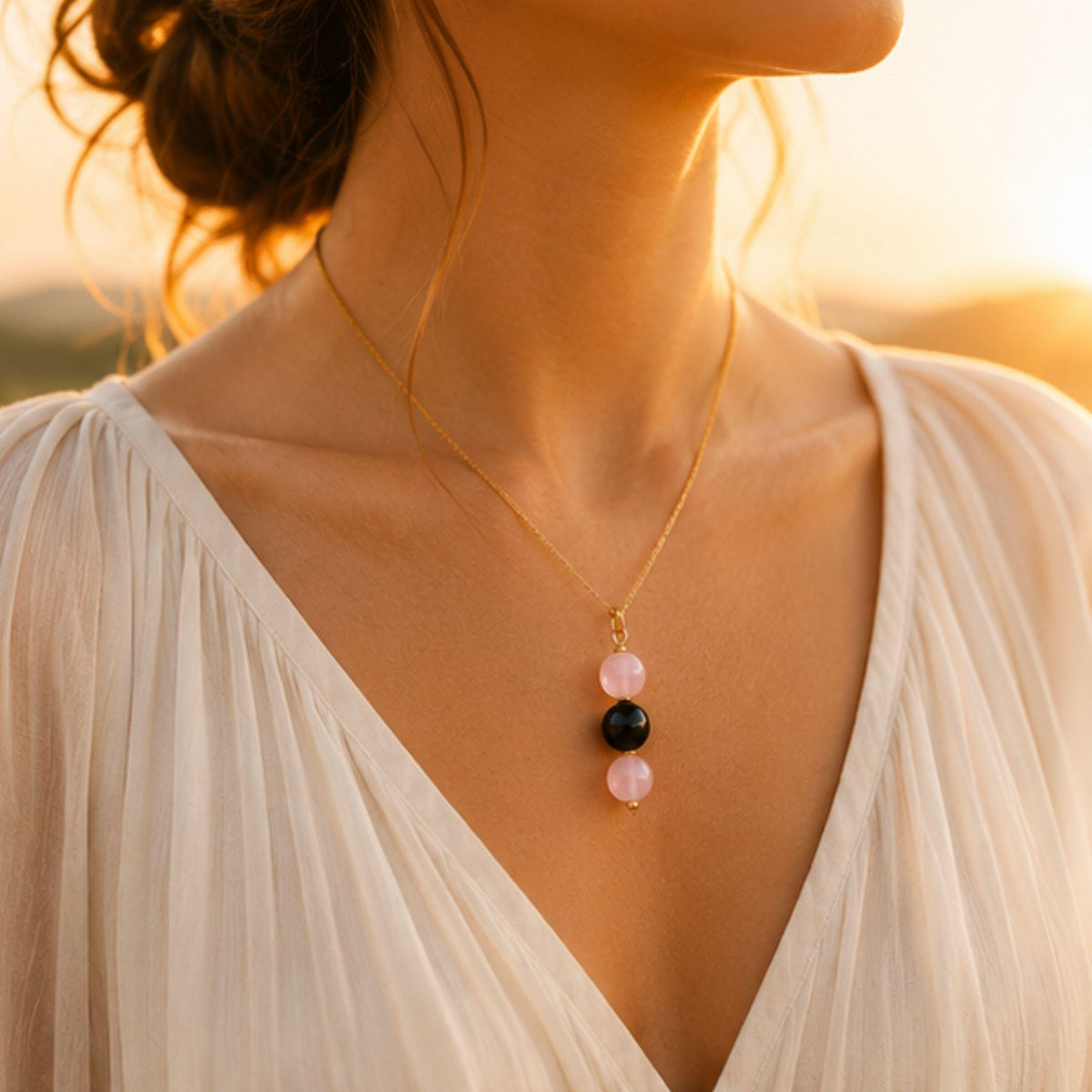Three stone rose quartz black onyx pendant necklace handmade Canada