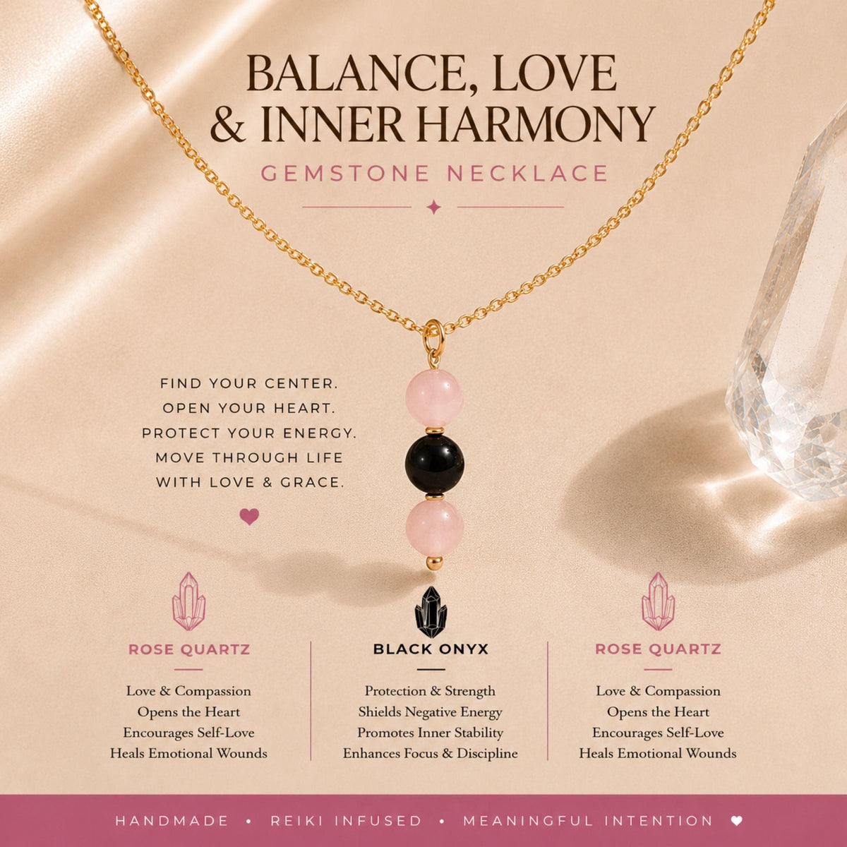 Rose quartz black onyx crystal pendant necklace for women