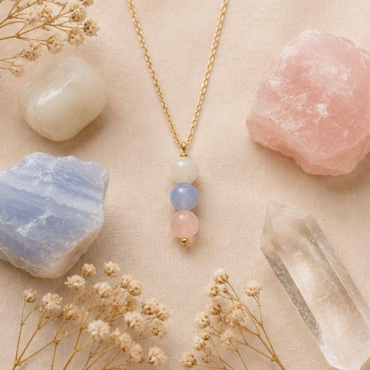 Three stone rose quartz pendant necklace handmade Canada