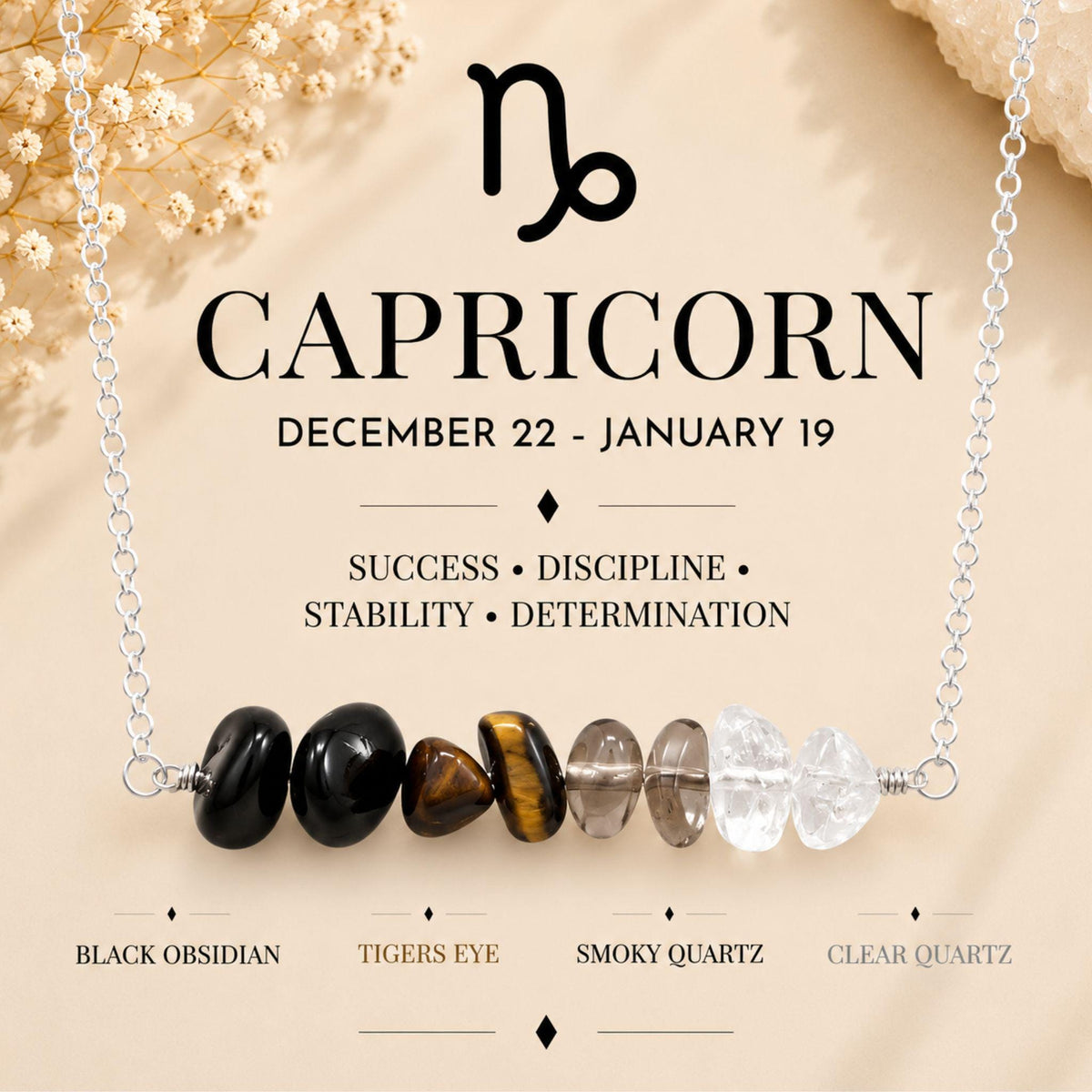 Capricorn gemstone chip necklace with Black Obsidian Tigers Eye and Smoky Quartz 