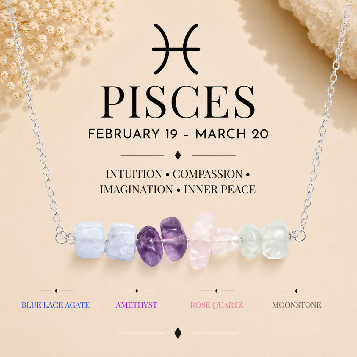 Pisces gemstone chip necklace with Moonstone Amethyst and Rose Quartz 