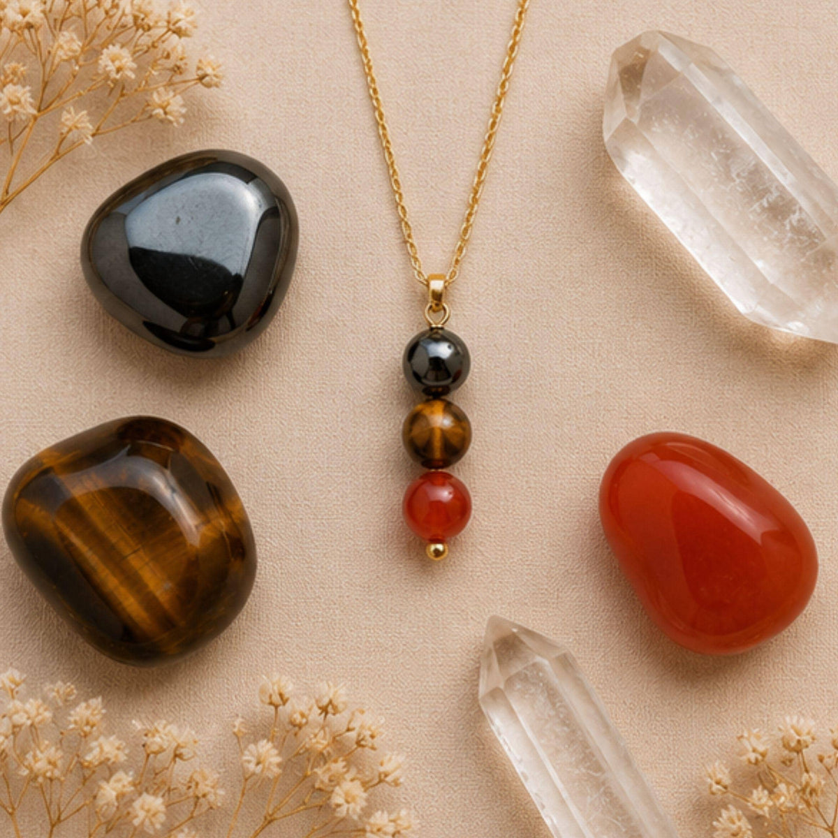 Hematite Tiger's Eye Carnelian drop pendant necklace for courage and strength