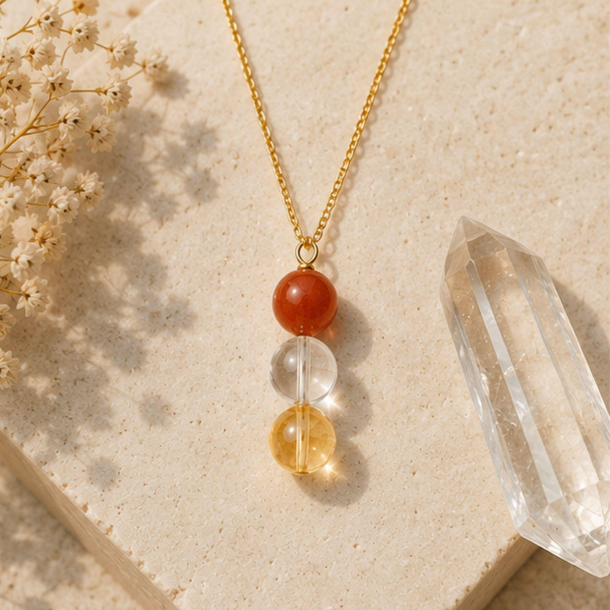 Positive flow intention necklace with healing crystals for the Solar plexus chakra  red aventurine citrine